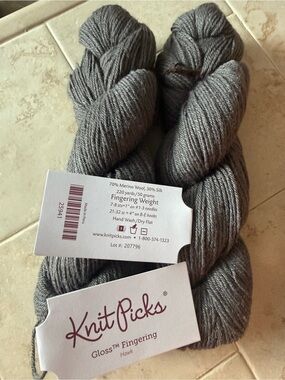 Knit Picks Gloss Fingering Yarn 2 Hanks in Hawk Gray